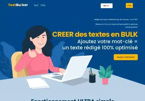 Ils nous soutiennent 11 TextBulker n’est pas le premier outil de AI Content à voir le jour. Il précède de jolis projets US comme Jasper, Copy.ai, WriteSonic, Rytr… En France, on a aussi des projets solides comme Rapidely, Le Scribouillard, Redaction.io, Klistair, SEO-TXL, Jarside…