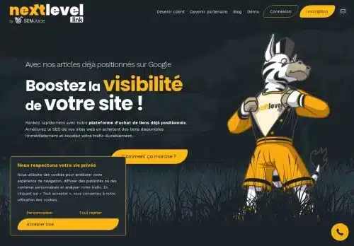 Ils nous soutiennent 8 NextLevel est une plateforme de référencement naturel éditée par EasyRank. Une solution unique pour votre positionnement !Avec NextLevel, développez votre visibilité facilement et rapidement grâce à l’achat de liens sur des articles déjà positionnés. Plus aucun doute sur la valeur des liens, ils sont déjà référencés par Google ! En toute autonomie ou accompagnés gratuitement par nos consultants SEO, boostez votre trafic en gagnant des positions dans les moteurs de recherche.